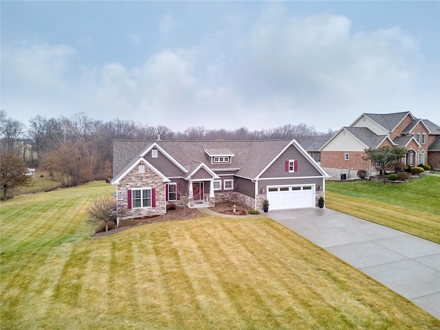 craftsman inspired home with a garage and a front lawn