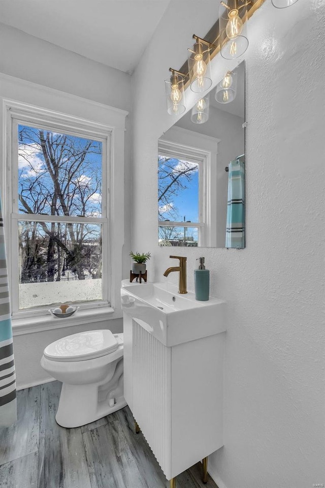bathroom featuring a textured wall, vanity, toilet, and wood finished floors
