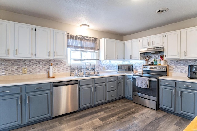 kitchen featuring under cabinet range hood, stainless steel appliances, a sink, white cabinetry, and gray cabinets