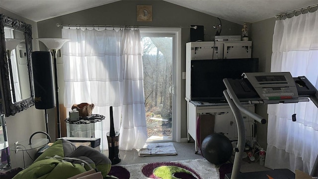 kitchen featuring lofted ceiling and carpet floors