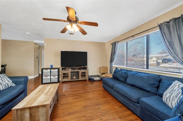 living room with ceiling fan and hardwood / wood-style flooring