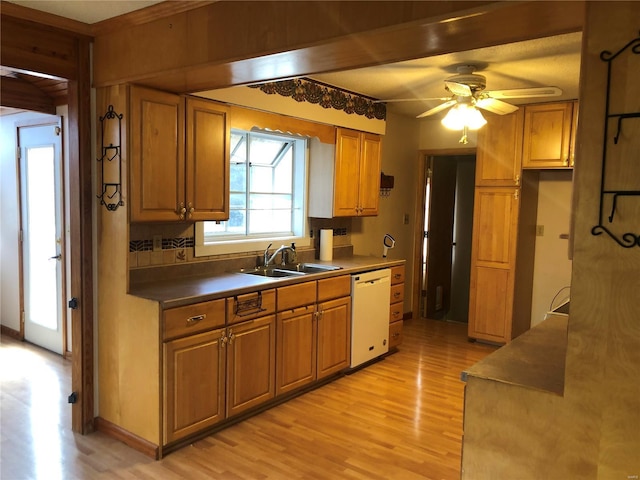 kitchen with white dishwasher, ceiling fan, sink, and light hardwood / wood-style flooring