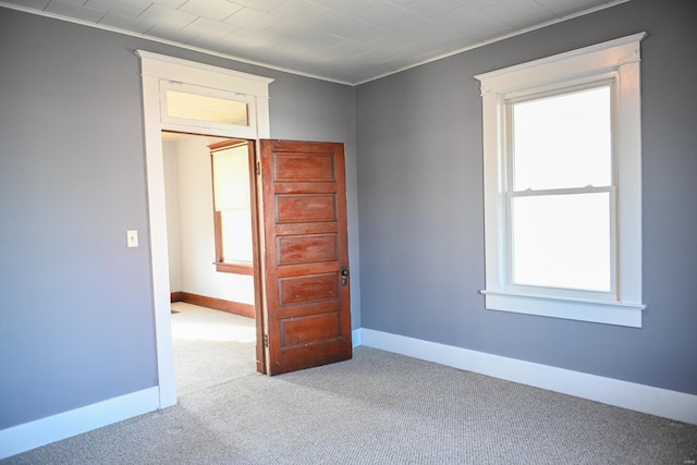 unfurnished room featuring light colored carpet and ornamental molding