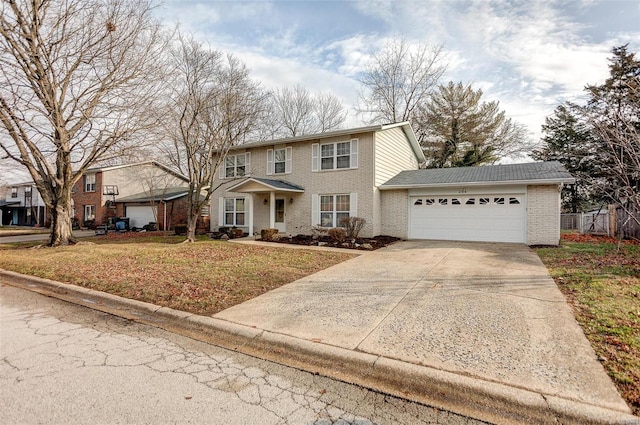 front facade with a garage and a front lawn