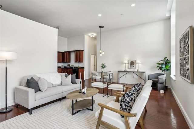 living room with dark hardwood / wood-style flooring