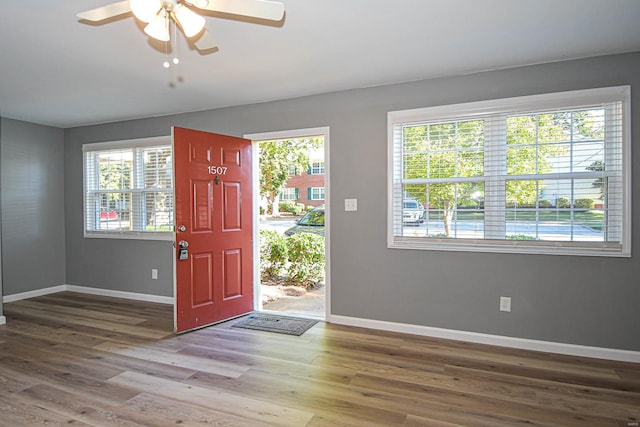 foyer with ceiling fan and hardwood / wood-style floors