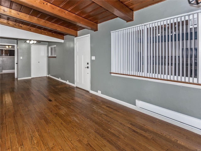 interior space featuring beam ceiling, dark hardwood / wood-style flooring, and wooden ceiling