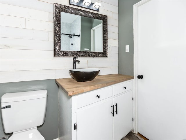 bathroom with wood walls, vanity, and toilet