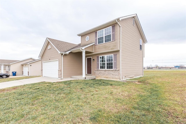 view of front of property featuring a front lawn and a garage