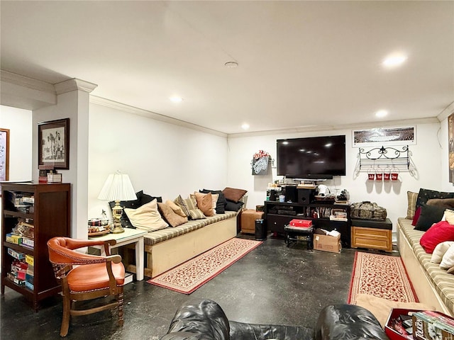 living room with crown molding