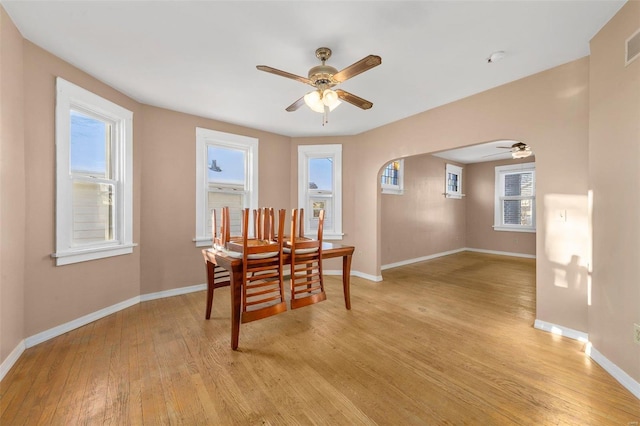 dining space featuring light hardwood / wood-style floors and ceiling fan