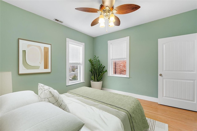 bedroom with ceiling fan and wood-type flooring