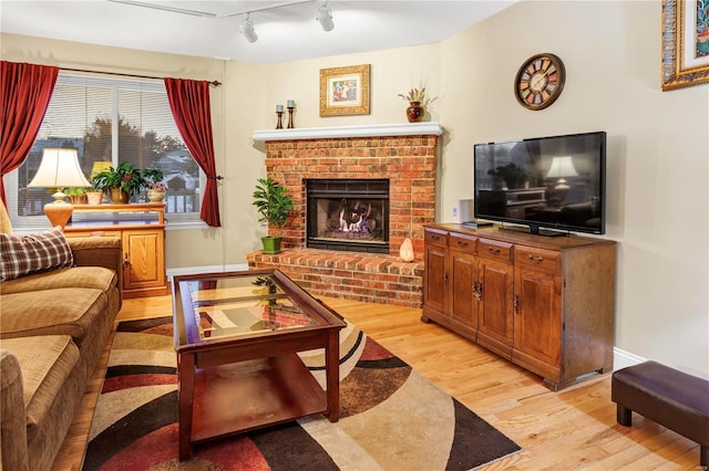 living room with rail lighting, light hardwood / wood-style floors, and a fireplace