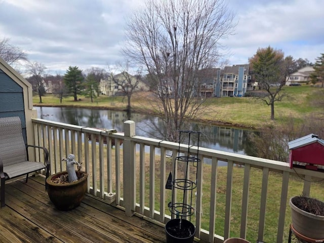 deck featuring a water view