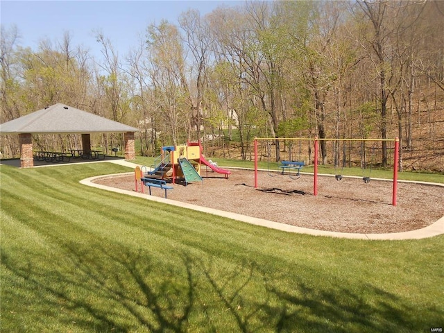 view of jungle gym with a gazebo and a yard