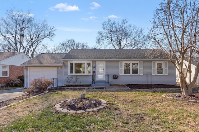 single story home featuring a front lawn and a garage