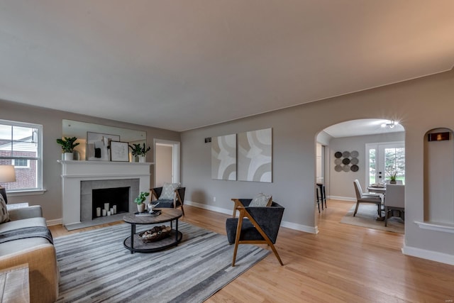 living room featuring light hardwood / wood-style floors and a fireplace