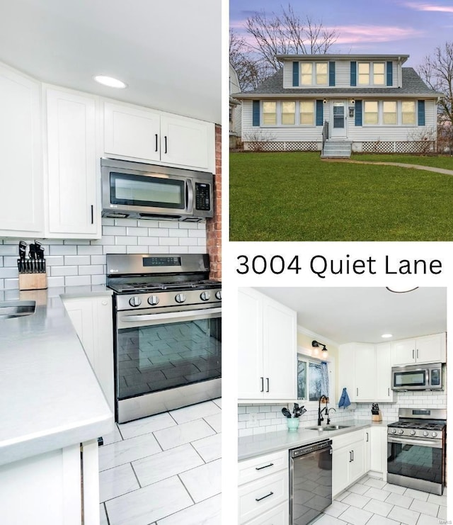 kitchen with stainless steel appliances, tasteful backsplash, sink, and white cabinets