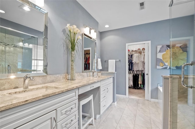 bathroom featuring vanity, separate shower and tub, and lofted ceiling