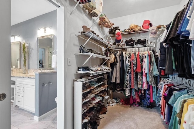 spacious closet featuring light colored carpet and sink