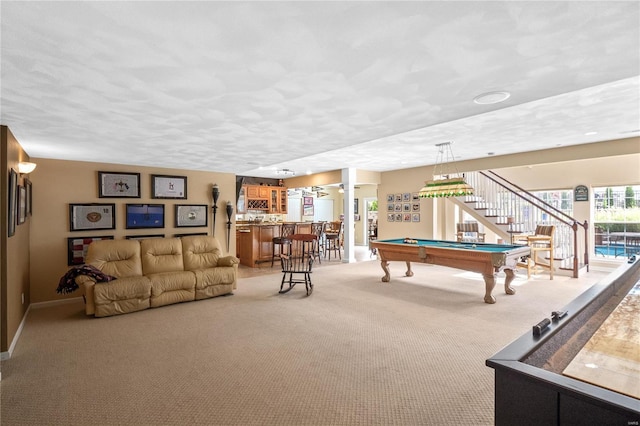 recreation room with bar area, carpet floors, a textured ceiling, and billiards