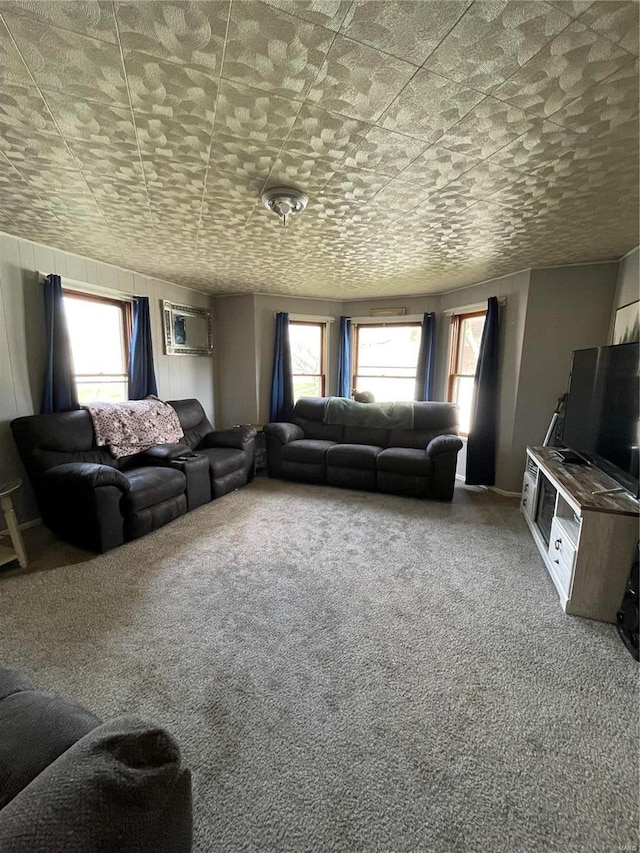 living room with carpet and a wall mounted air conditioner