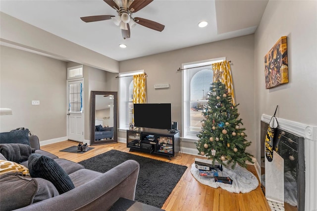 living room featuring ceiling fan and light hardwood / wood-style flooring