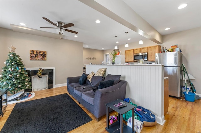 living room featuring ceiling fan and light hardwood / wood-style flooring