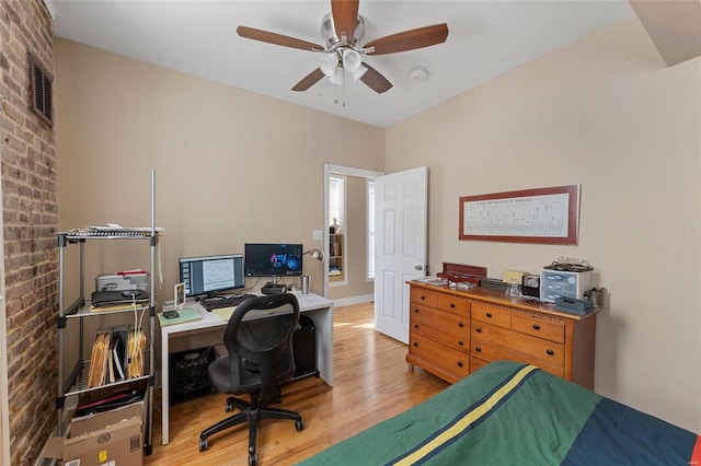 bedroom featuring ceiling fan and light wood-type flooring