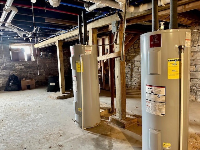 basement featuring electric water heater and water heater