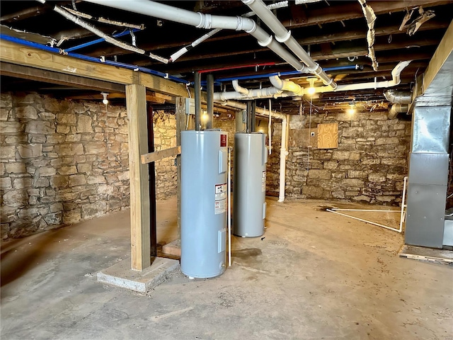 basement with heating unit and water heater