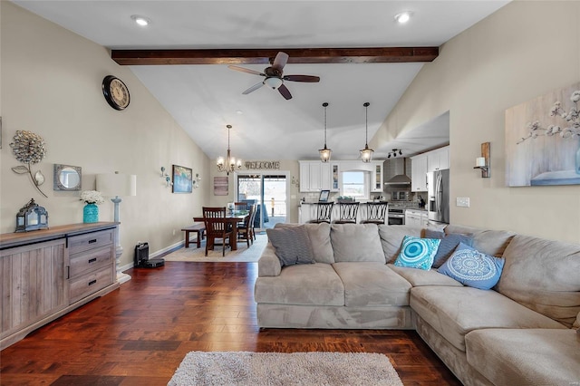 living room with dark wood finished floors, high vaulted ceiling, beamed ceiling, baseboards, and ceiling fan with notable chandelier