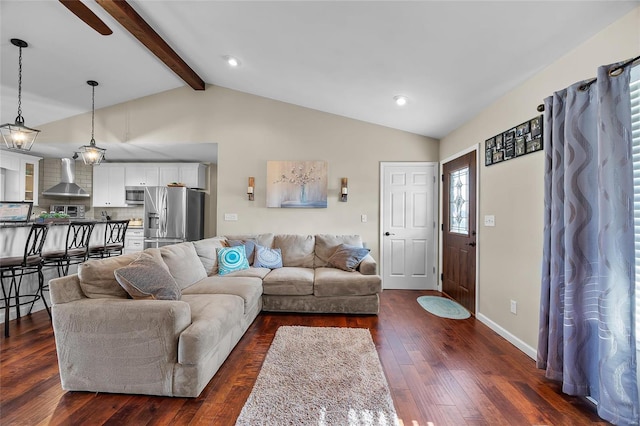 living room with vaulted ceiling with beams, dark wood-style floors, and baseboards