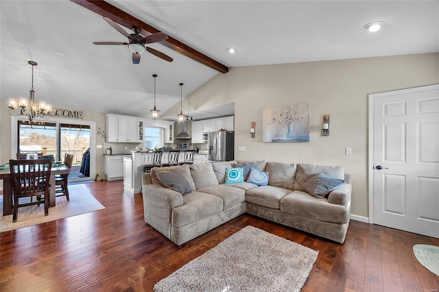 living room featuring high vaulted ceiling, ceiling fan with notable chandelier, dark wood-type flooring, baseboards, and beamed ceiling