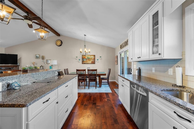 kitchen with lofted ceiling with beams, dark wood-type flooring, backsplash, dishwasher, and glass insert cabinets