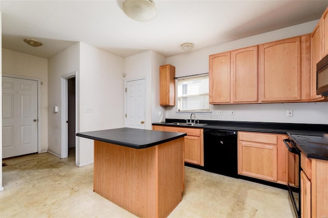 kitchen featuring sink, a kitchen island, black appliances, and light brown cabinets