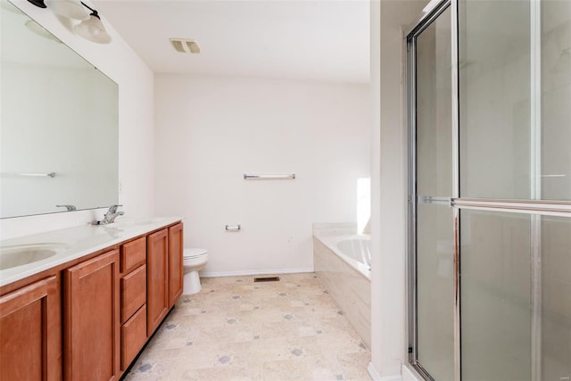 full bathroom featuring plus walk in shower, vanity, and toilet