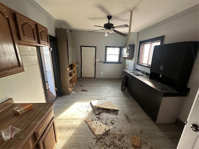 interior space featuring ceiling fan and sink