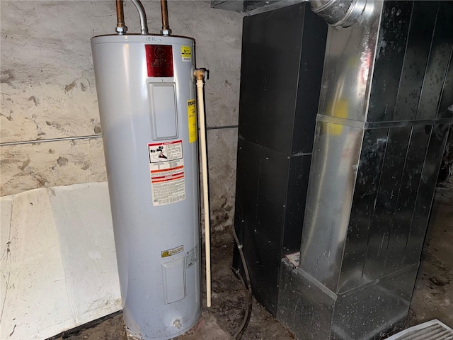 utility room featuring electric water heater and heating unit