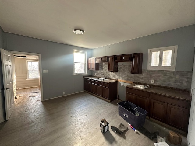 kitchen with light hardwood / wood-style floors, sink, dark brown cabinetry, and backsplash