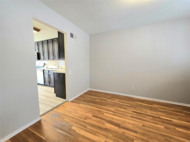 empty room featuring wood-type flooring, sink, and a textured ceiling