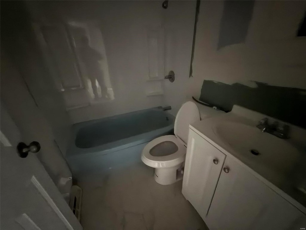 full bathroom featuring bathtub / shower combination, vanity, and toilet