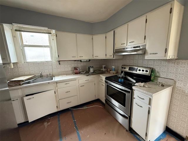 kitchen featuring white cabinetry, stainless steel range with electric cooktop, and sink