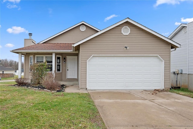 ranch-style house featuring a front lawn and a garage