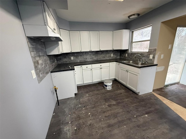 kitchen with tasteful backsplash, white cabinetry, and sink