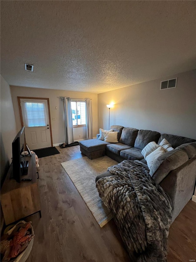 living room featuring wood-type flooring and a textured ceiling