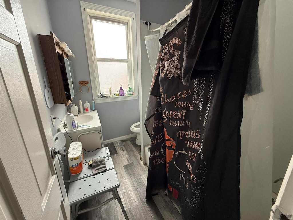 bathroom featuring wood-type flooring, vanity, toilet, and a wealth of natural light