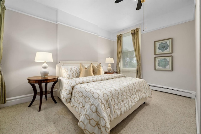 bedroom featuring ceiling fan and a baseboard radiator