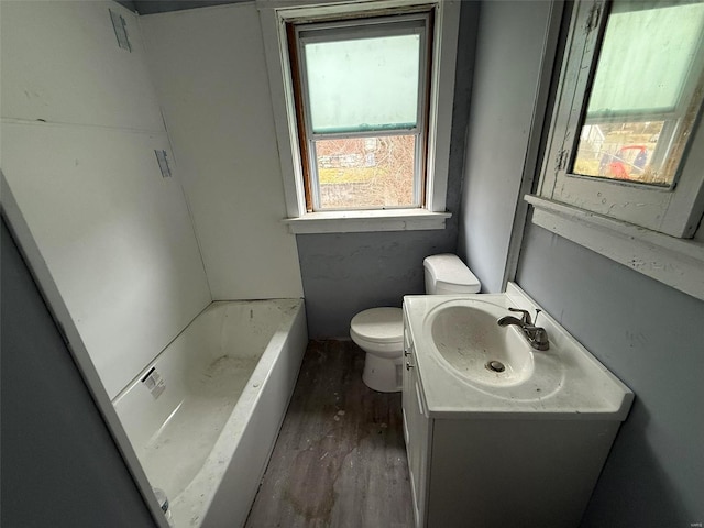 bathroom with a tub, vanity, wood-type flooring, and toilet