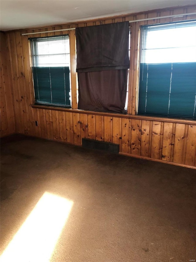 empty room with dark carpet and wooden walls